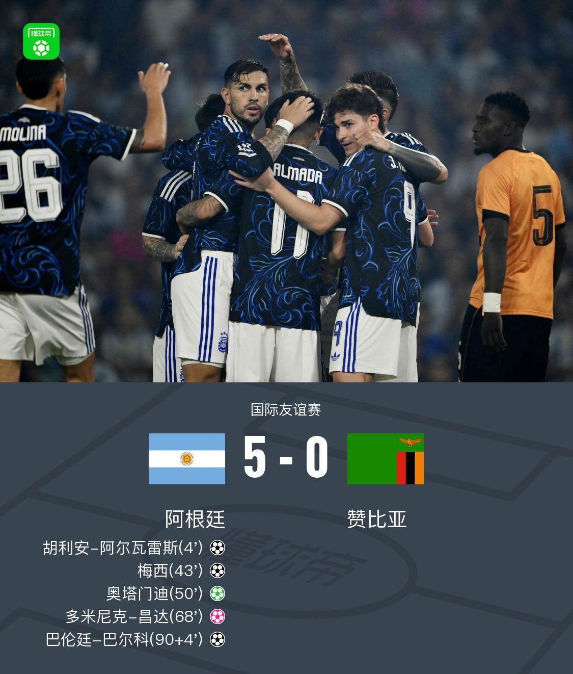娱乐平台-阿根廷5-0赞比亚，梅西传射，阿尔瓦雷斯破门，奥塔门迪点射